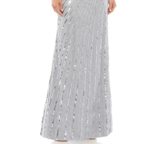 MAC DUGGAL 5501 SEQUINED WRAP OVER BISHOP SLEEVE SLIVER GOWN sz 14